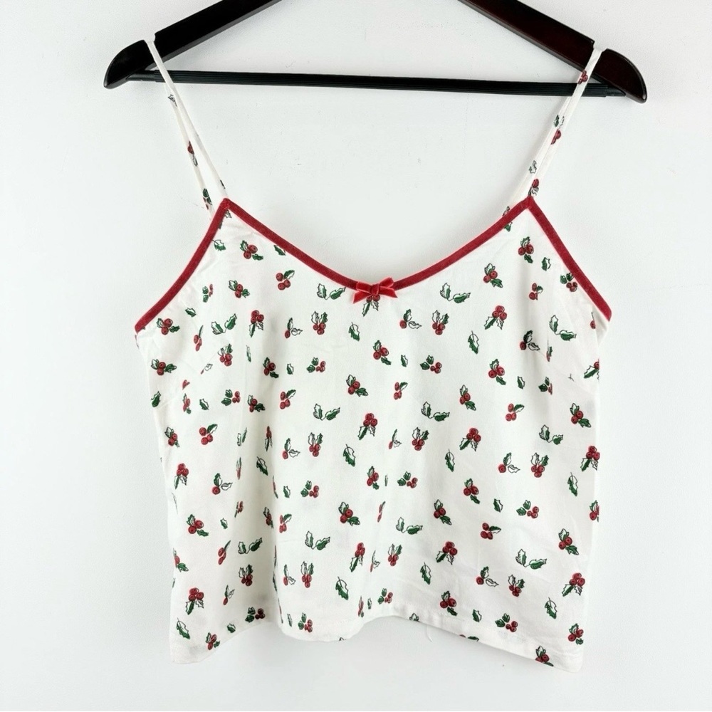 Women's Floral Print Velvet Red Bow White Tank Shirt Camisole Dainty Size Small